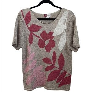 JM Collection Women’s Straw Fern Floral Design Short Sleeve Top -L